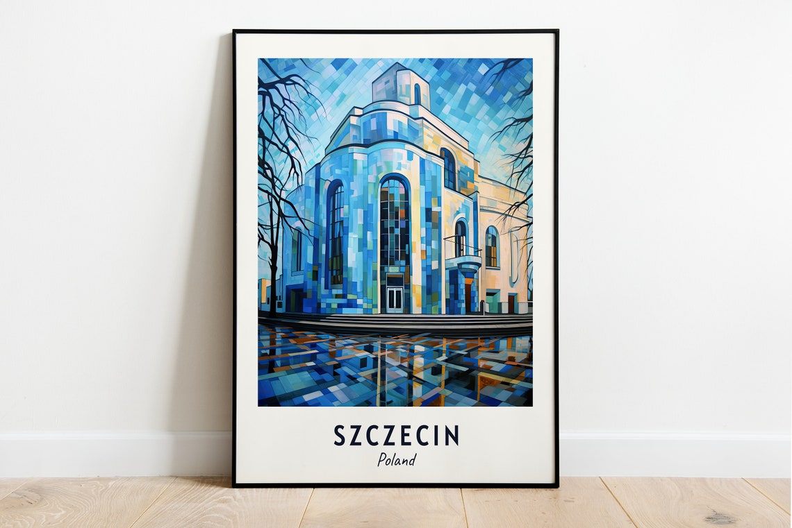 Szczecin Philharmonic Hall Blue Glass Facade Night Travel Poster