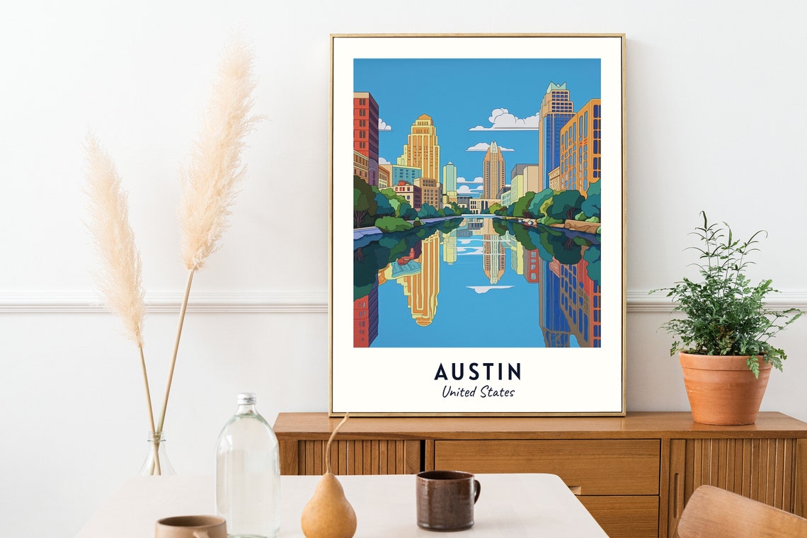 Austin Downtown Skyline Mirror River Reflection Travel Poster - Image 2