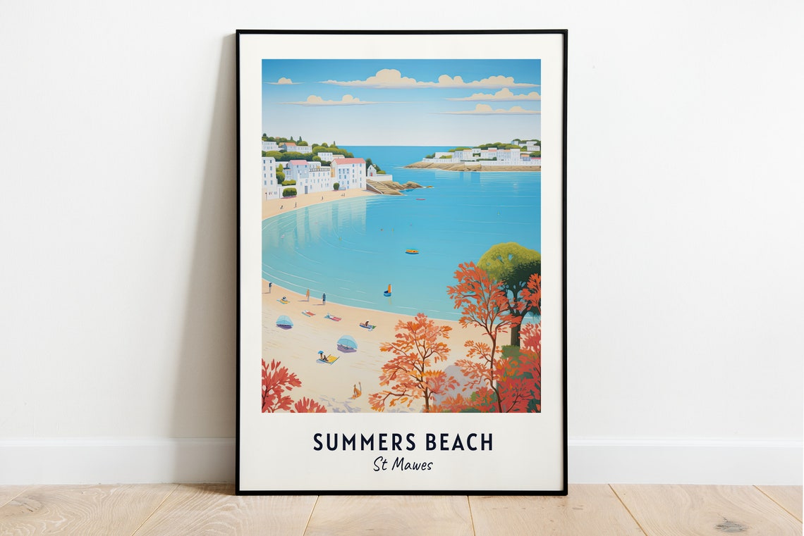 Summers Beach St Mawes Cornwall Bathers Bay Coastal Travel Poster