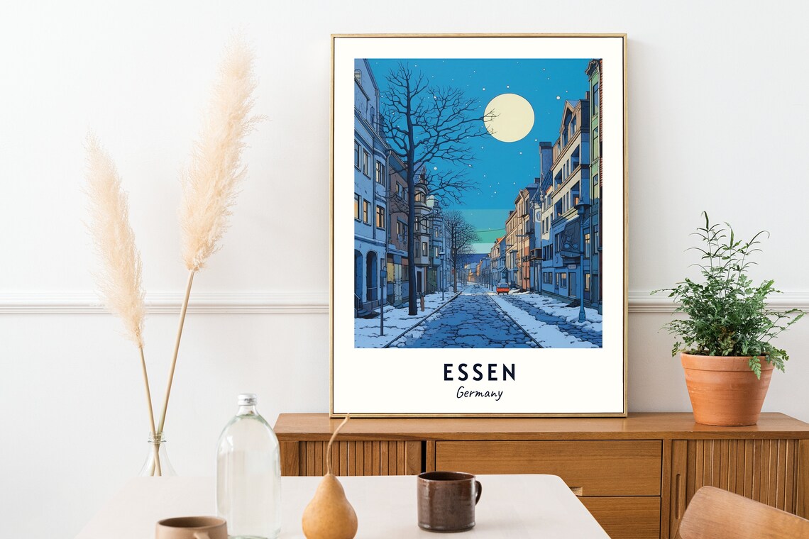 Essen Germany Moonlit Snowy Street Winter Night Travel Poster - Image 2