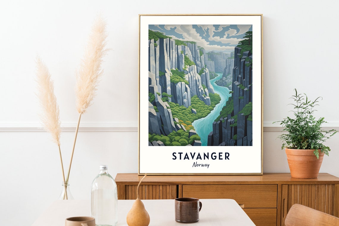 Stavanger Fjord Cliffs Winding River Canyon Pines Travel Poster - Image 2