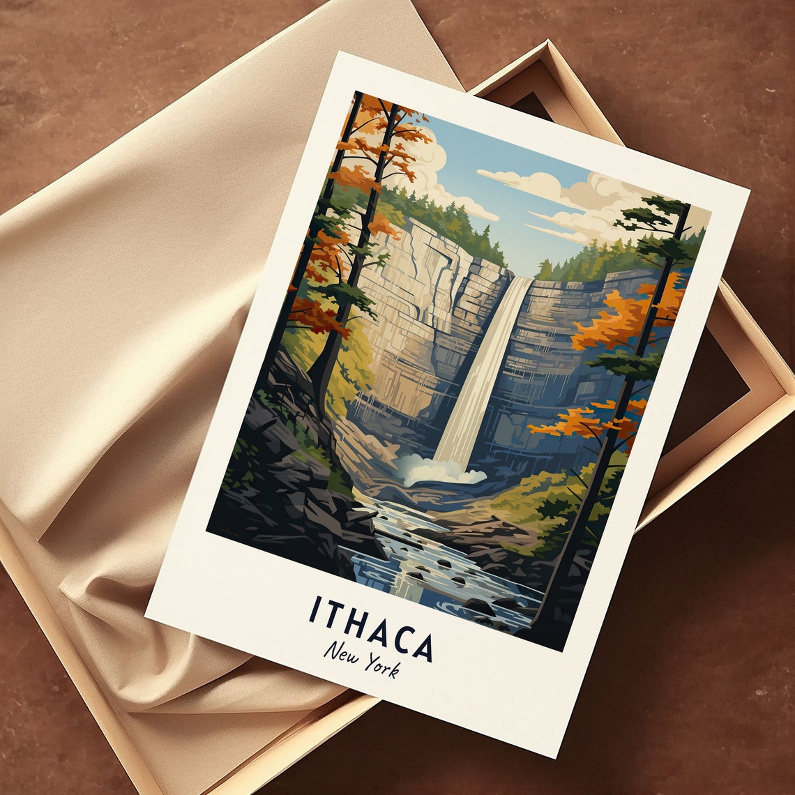 Ithaca Waterfall in an Autumn Gorge New York State Travel Poster - Image 3