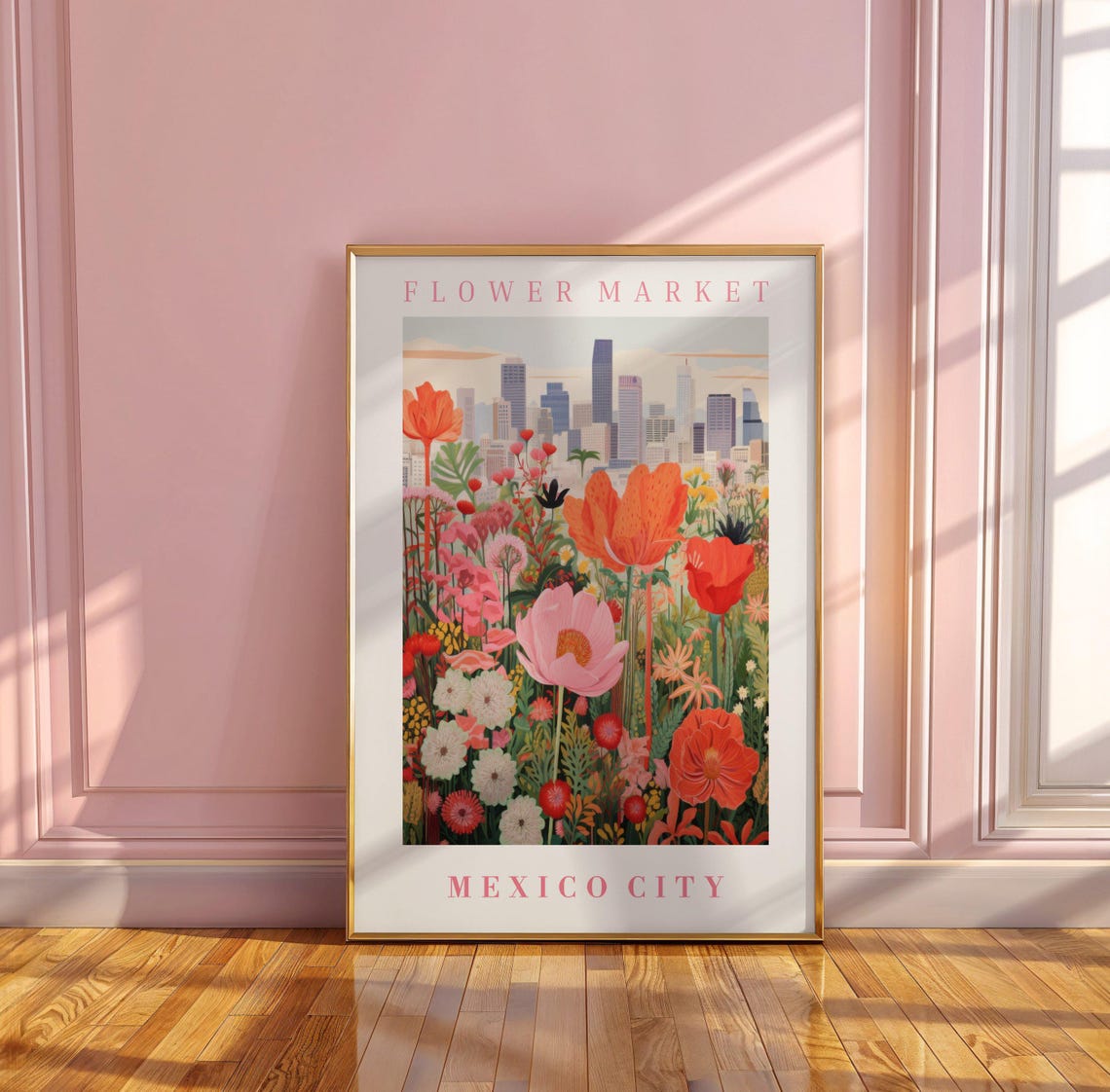 Mexico City Flower Market Poppy Skyline Botanical Wall Art Gift - Image 3