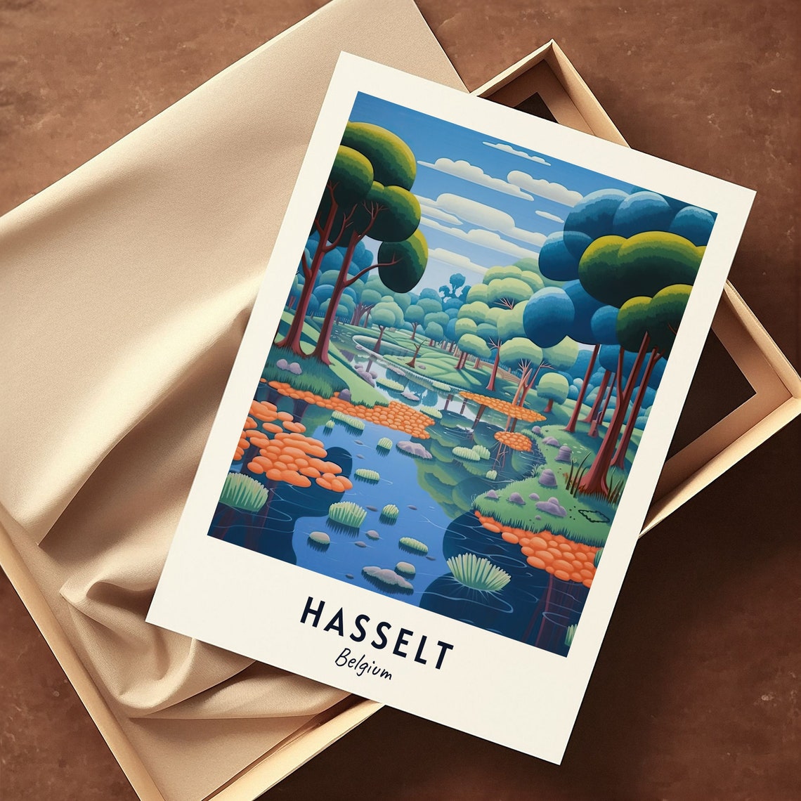 Hasselt Belgium Serene Forest Stream Landscape Vintage Travel Poster - Image 3