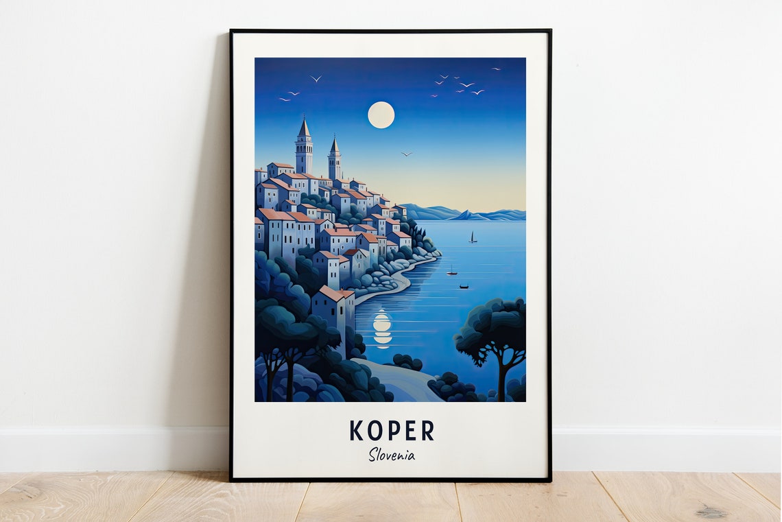 Koper Slovenia Moonlit Harbor Hilltop Old Town Night Scene Poster
