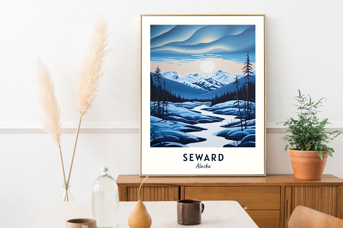 Seward Alaska Snowy Mountain Winter Minimalist Travel Poster - Image 2