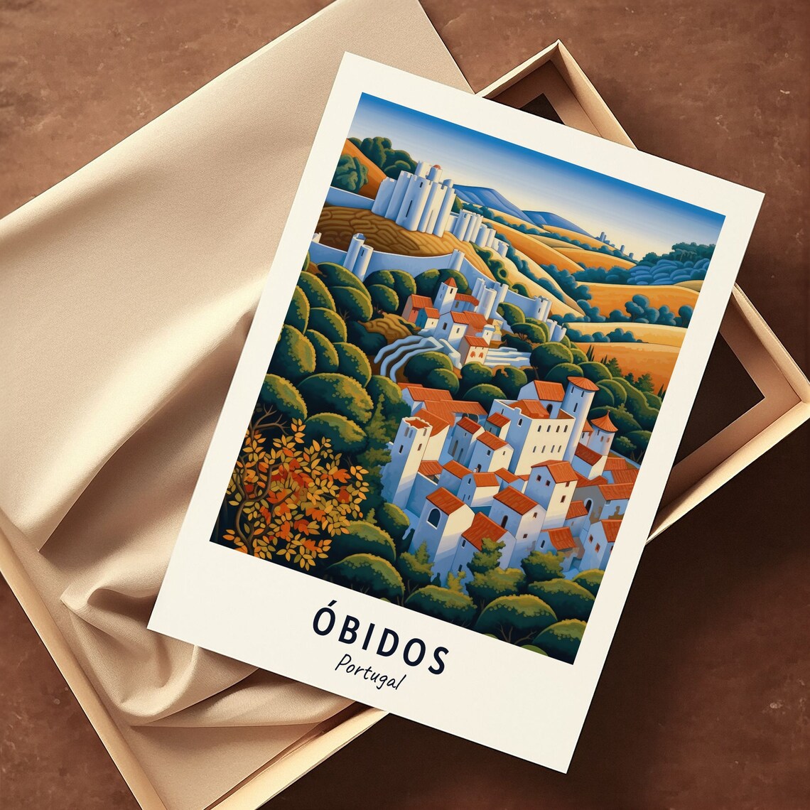 Óbidos Portugal Medieval Castle Town Red Roofs Golden Hills Travel Poster - Image 3