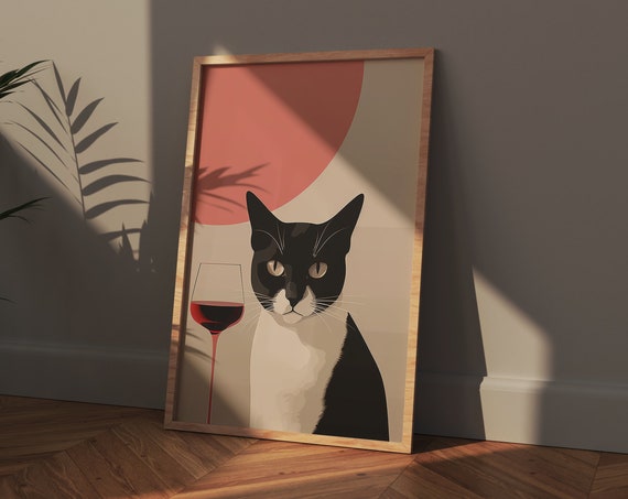 Black And White Cat Print Gallery Wall Art Funny Wine Lover Gift Ideas Midcentury
