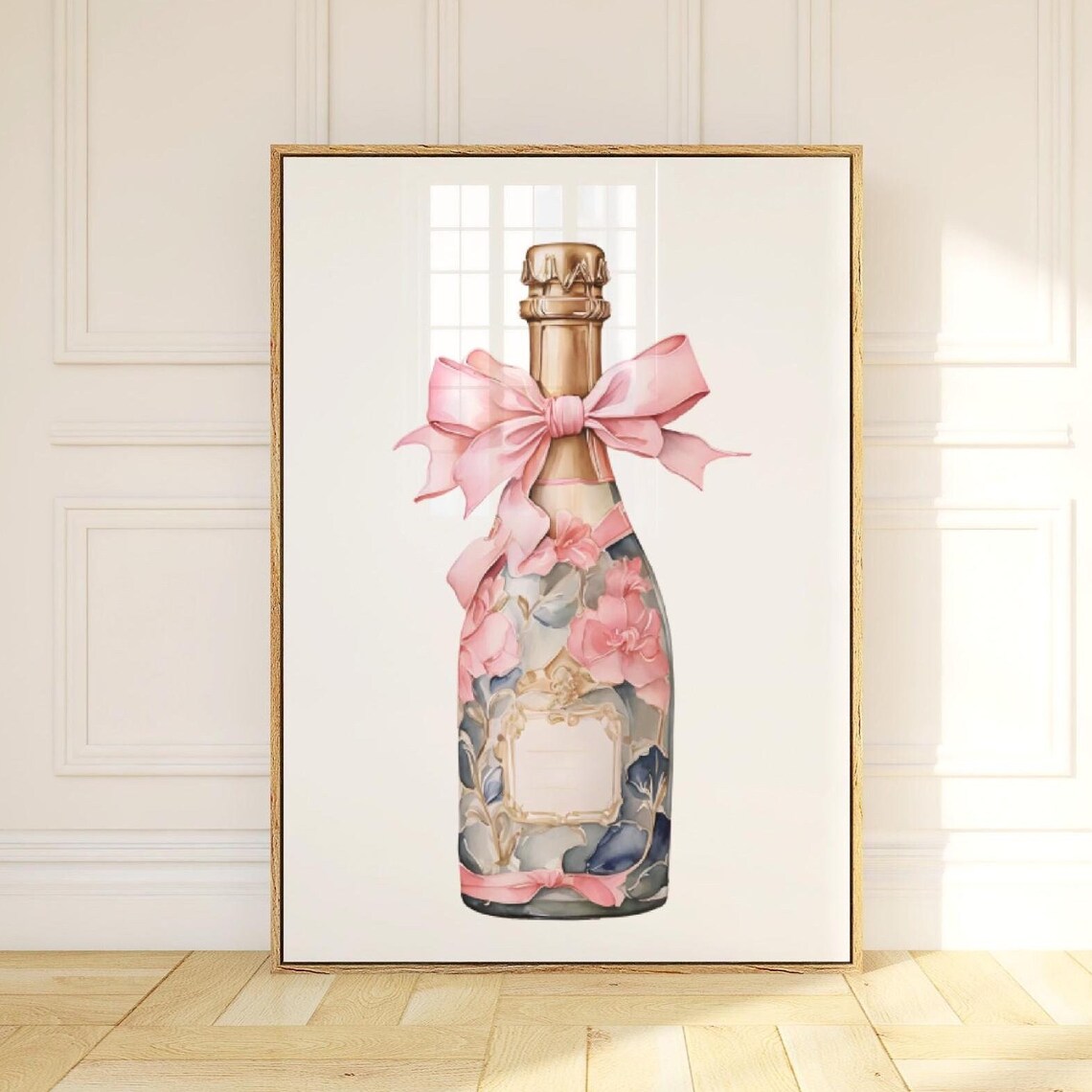 Pink Champagne Bottle Bow Floral Watercolor Bar Cart Art Poster