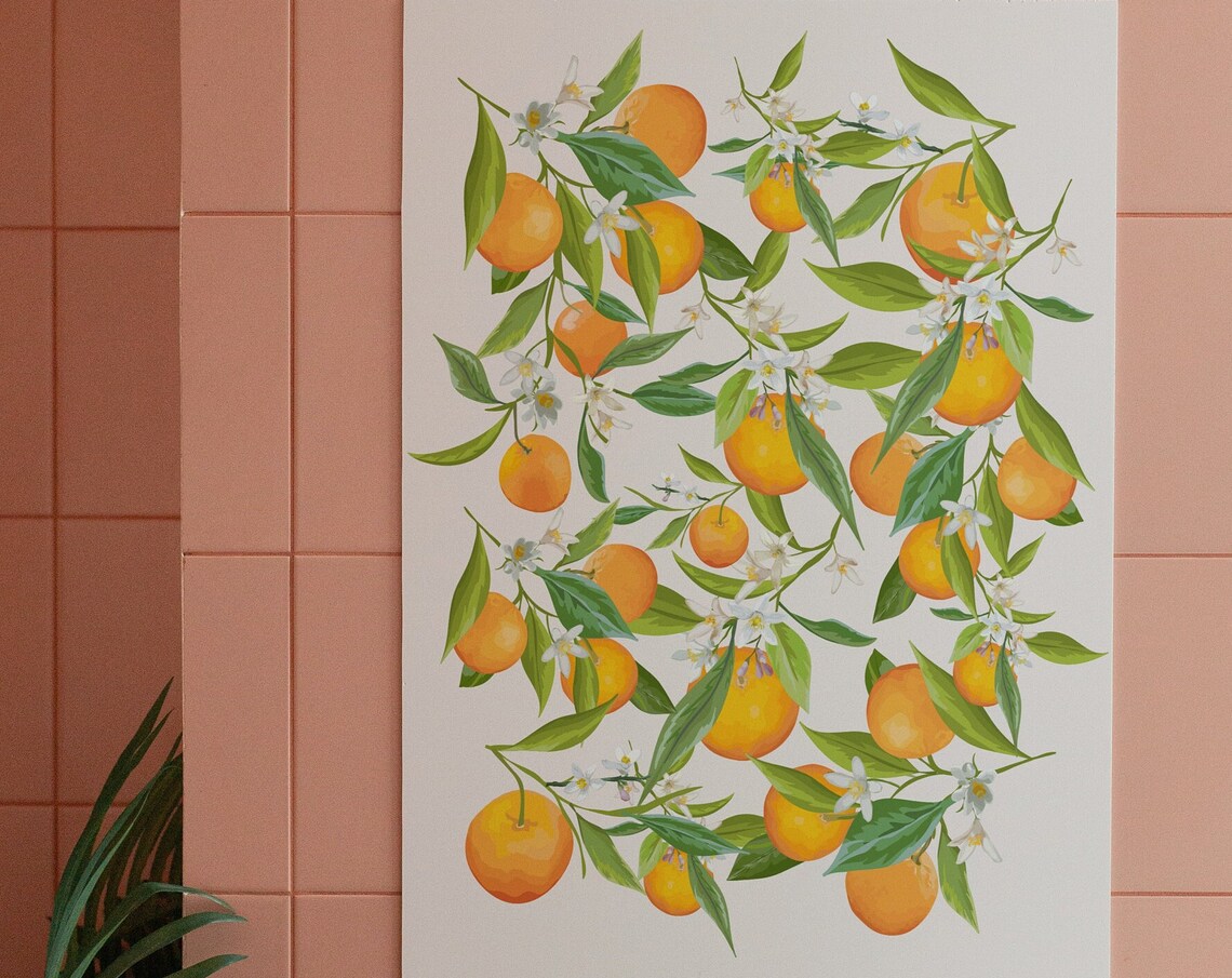Oranges Citrus Branch Blossom Illustrated Orange Kitchen Wall Art