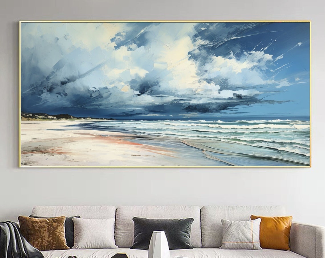 Dramatic Clouds Over a Calm Blue Beach Seascape Oil Painting Poster