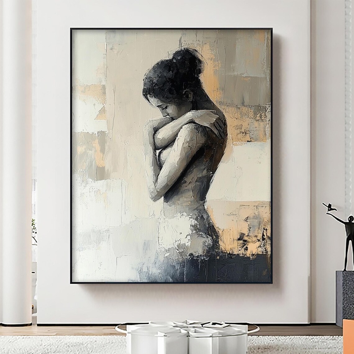 Embracing Woman Portrait Gray Beige Textured Abstract Art Poster - Image 8