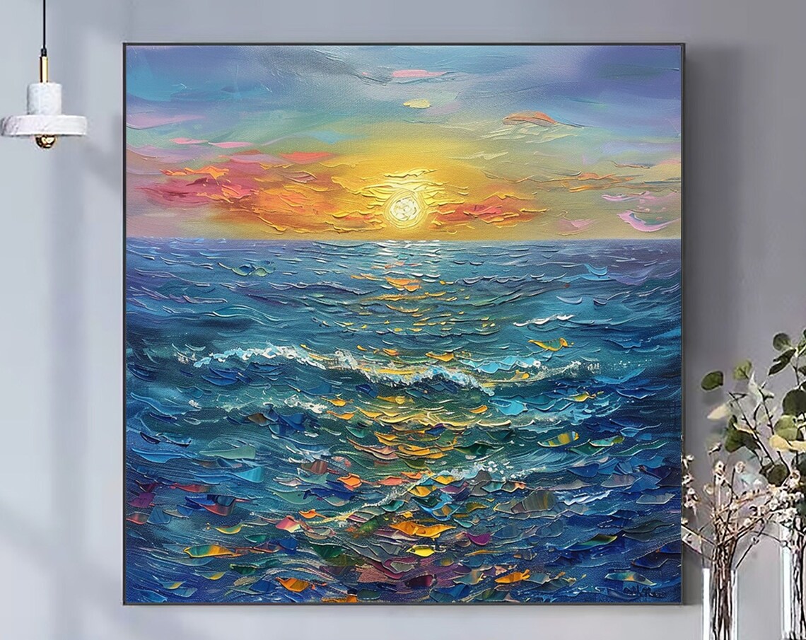 Bright Sun Over Textured Blue Ocean Waves Seascape Oil Painting Poster