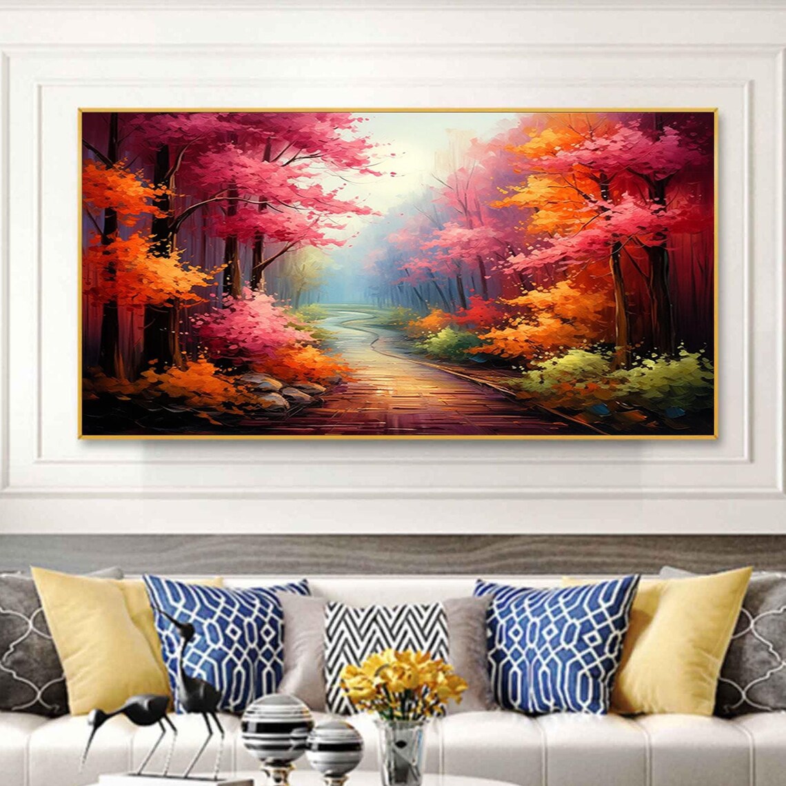 Original Forest Landscape Oil Painting On Large Wall Art Abstract Road Art Colorful Tree Wall Art Nature Painting Living Room Decor