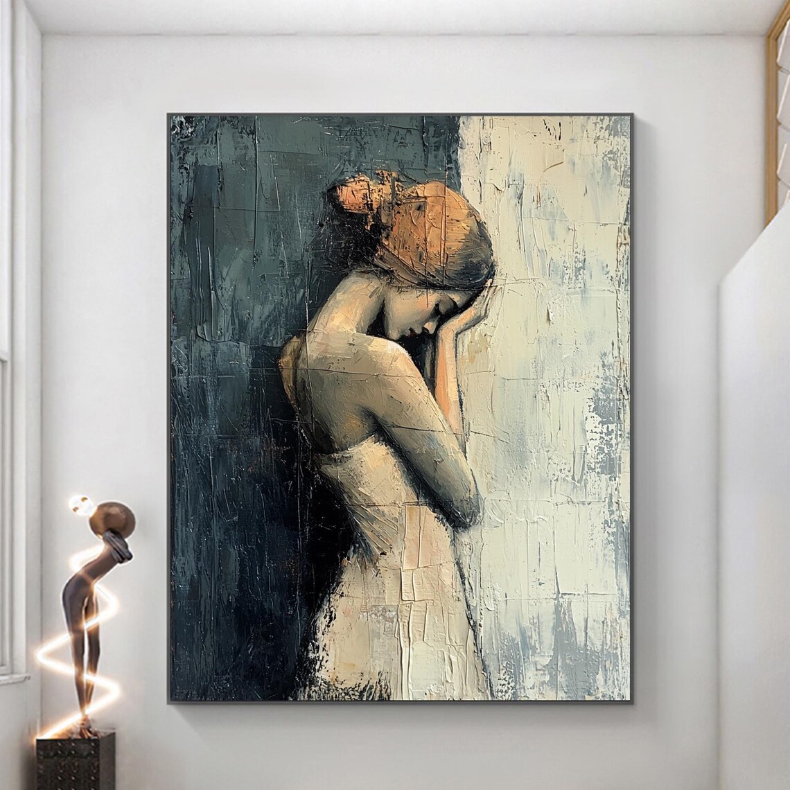 Pensive Blonde Woman Portrait Dark Teal Textured Oil Art Poster