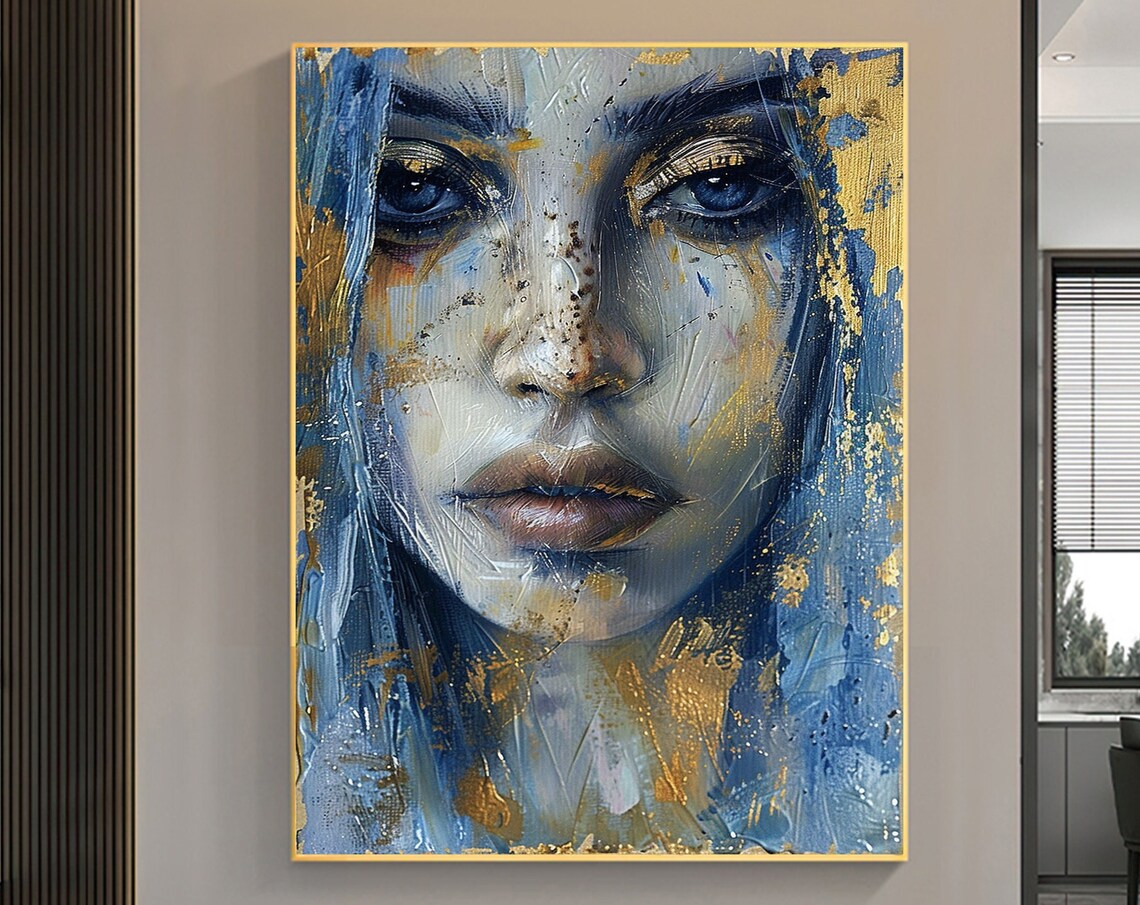 Blue Eyed Woman Face Gold Accents Textured Portrait Art Poster