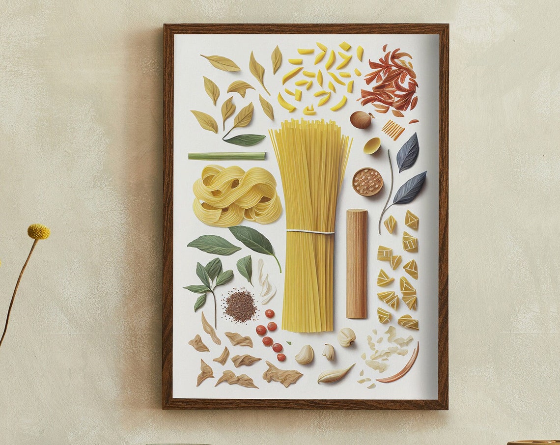 Pasta Flat Lay with Spaghetti Rolling Pin Garlic and Herbs Poster