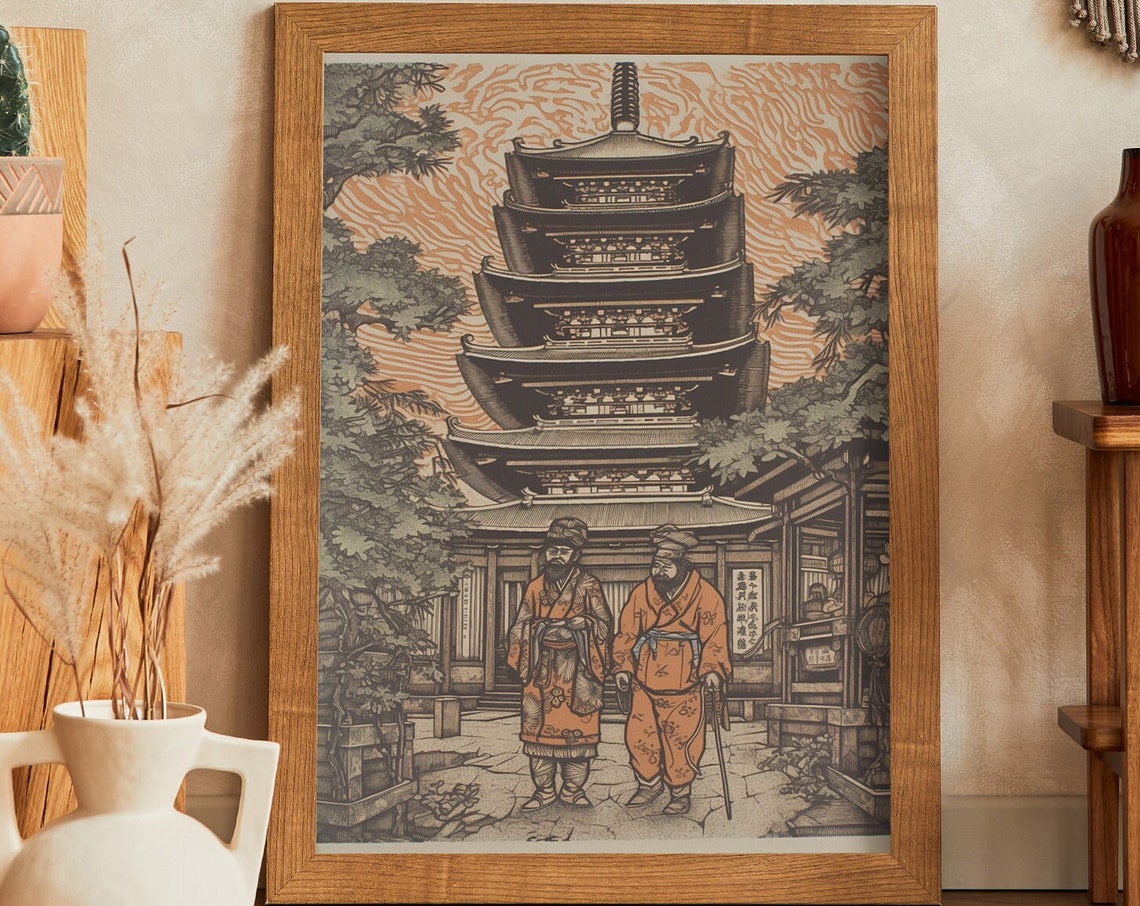 Traditional Japanese Temple Linocut With Visitors Vintage Art Poster