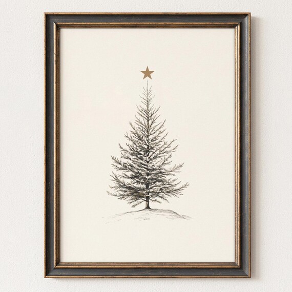 Sparse Christmas Tree Gold Star Neutral Minimal Holiday Art Print