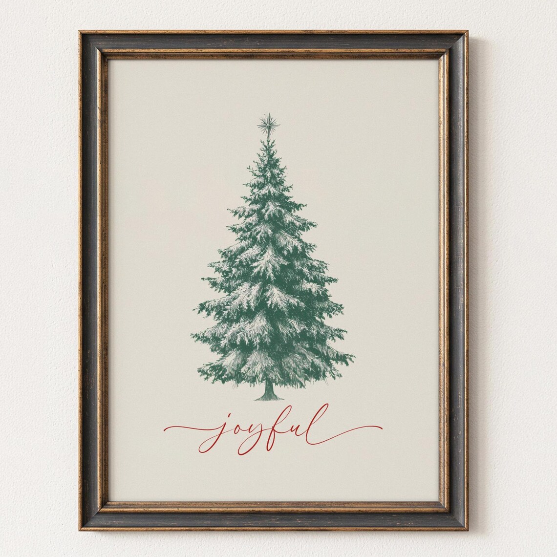 Joyful Green Christmas Tree Watercolor Farmhouse Holiday Art Print