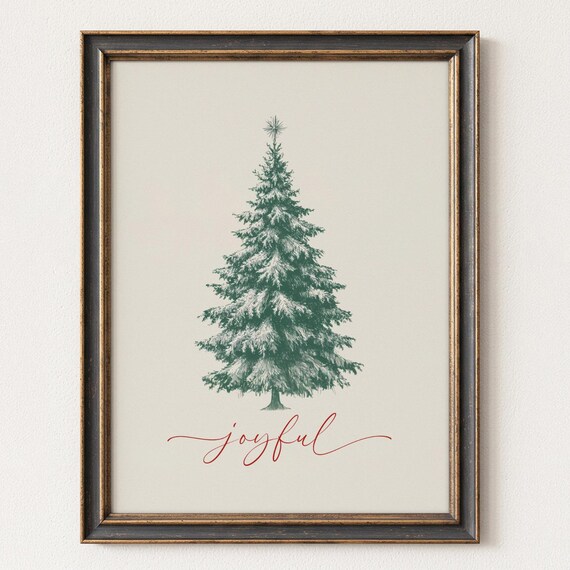 Joyful Green Christmas Tree Watercolor Farmhouse Holiday Art Print