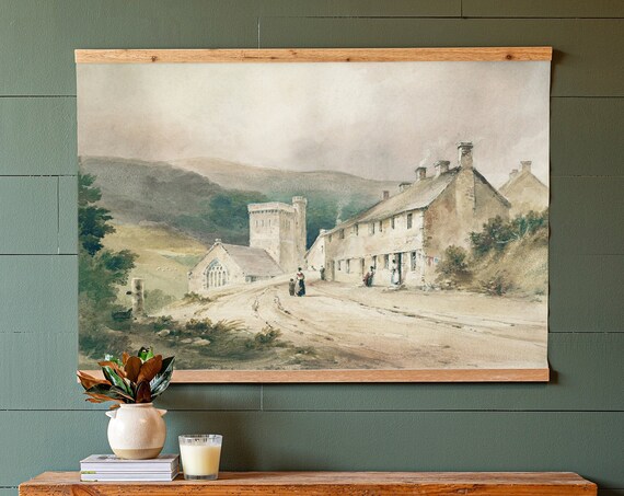 Vintage Village Watercolor Stone Church Old Road Countryside Scene Poster