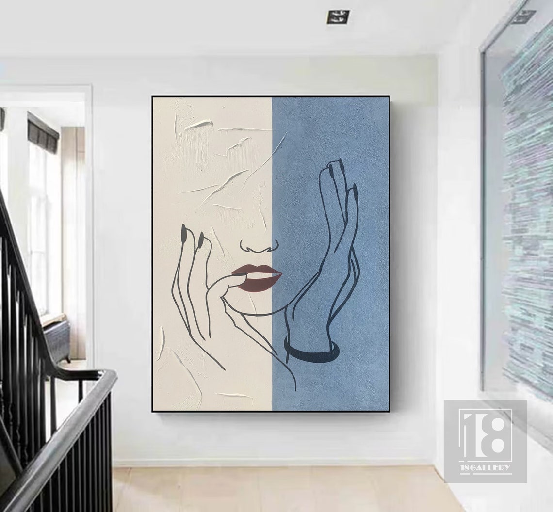 Minimalist Line Art Woman Face with Red Lips on Two Tone Blue Poster - Image 3