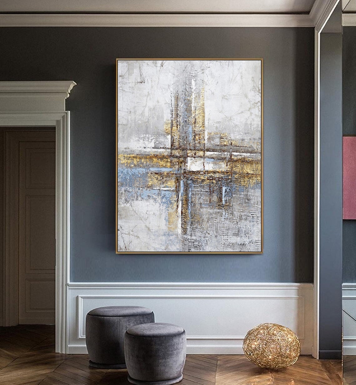 White Gray Gold Abstract Waterfront Skyline Textured Neutral Poster - Image 4