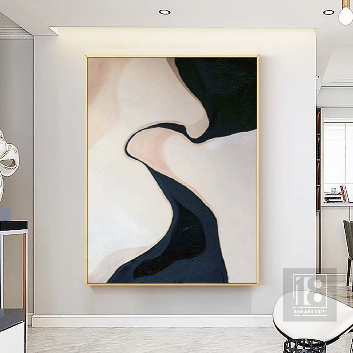 Navy Blue Flowing Wave on Ivory Minimalist Abstract Painting Poster - Image 3