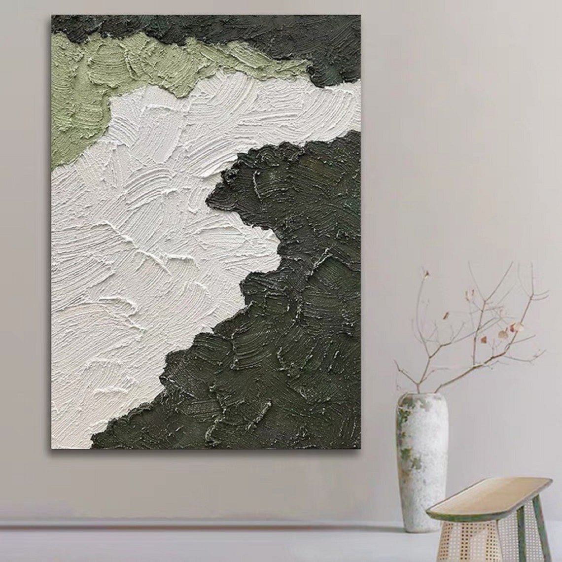 Dark Green Black White Heavy Impasto Texture Abstract Art Poster - Image 3