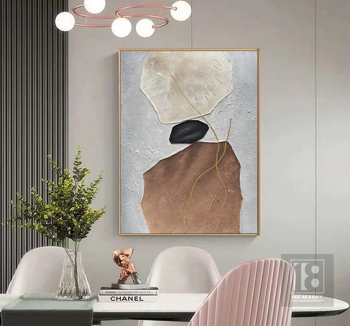 Cream Terracotta Black Pebble Shapes With Gold Lines Abstract Poster - Image 4