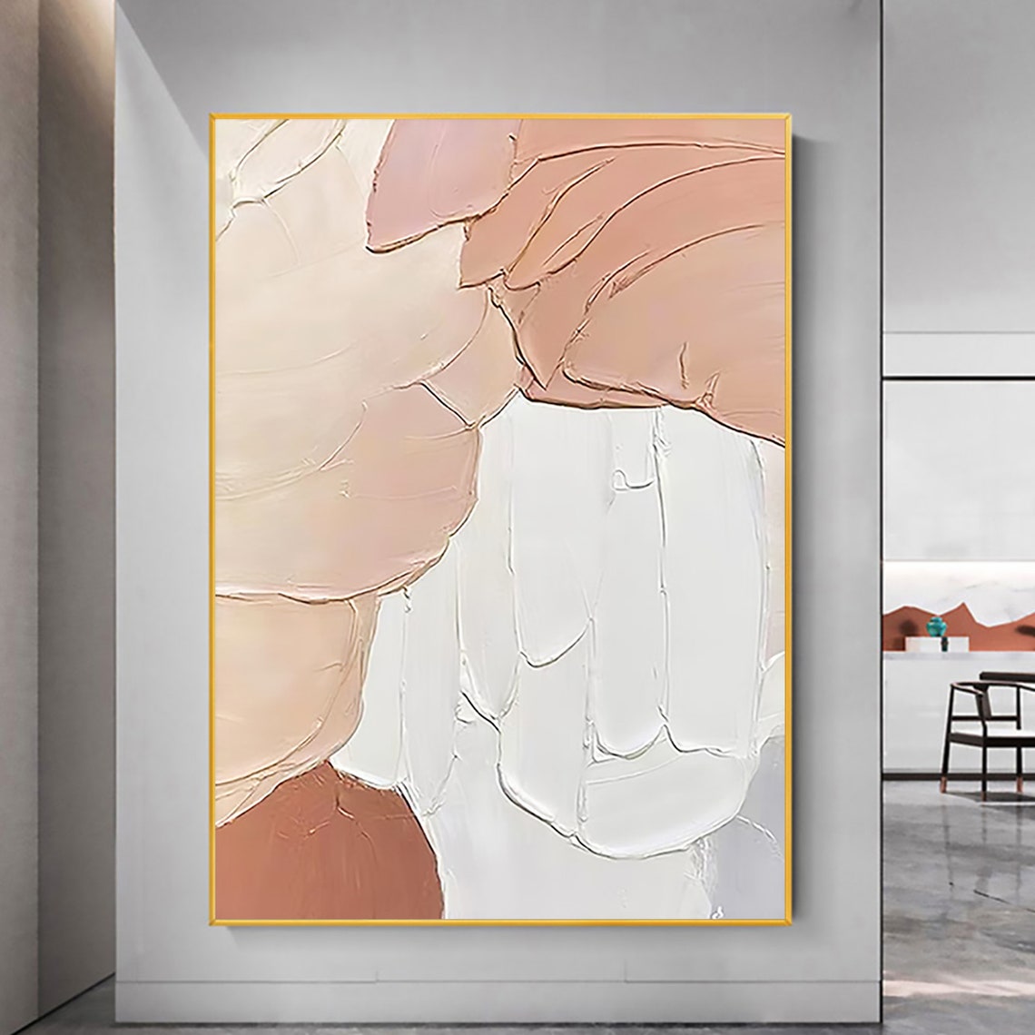 Blush Pink White Impasto Thick Texture Abstract Canvas Poster - Image 2