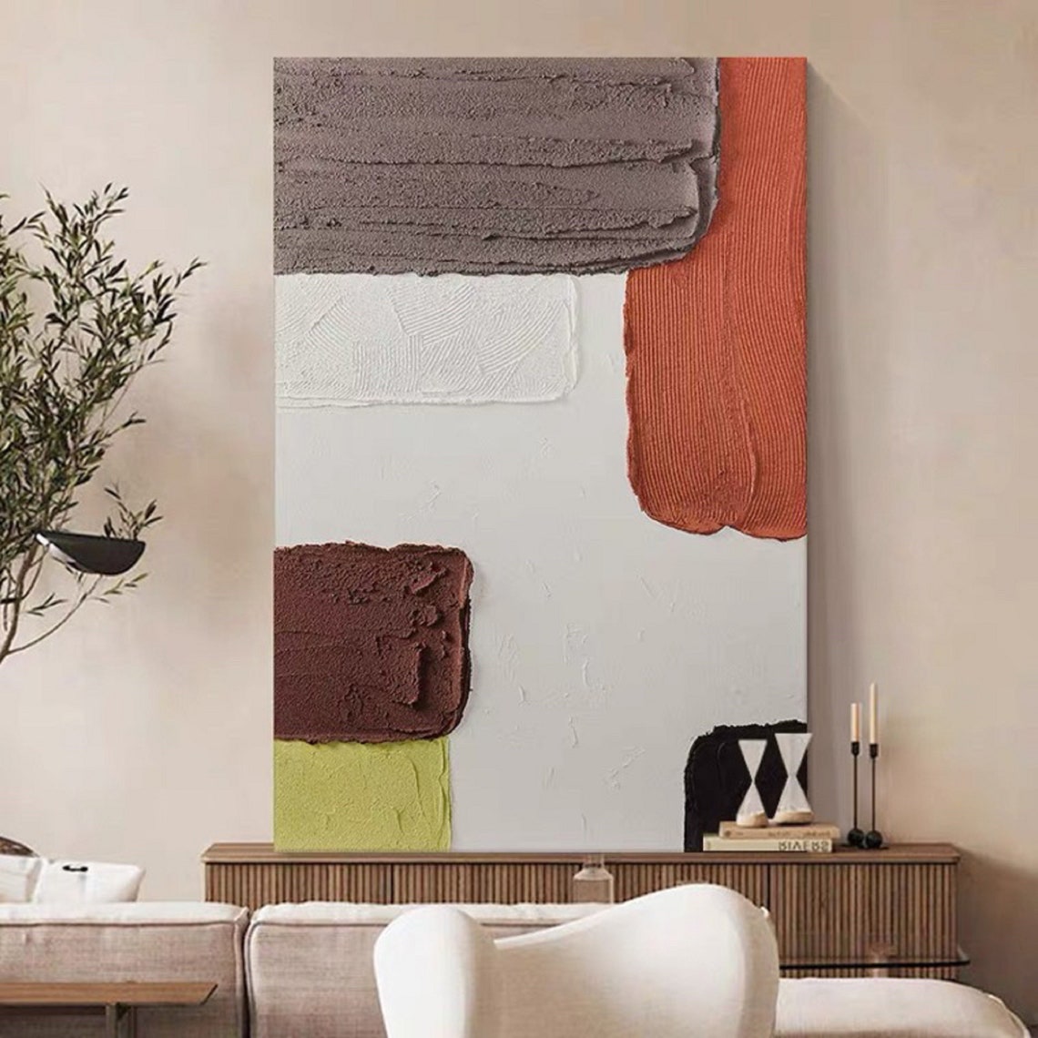 Bold Orange Brown Green Textured Geometric Abstract Wall Poster - Image 5
