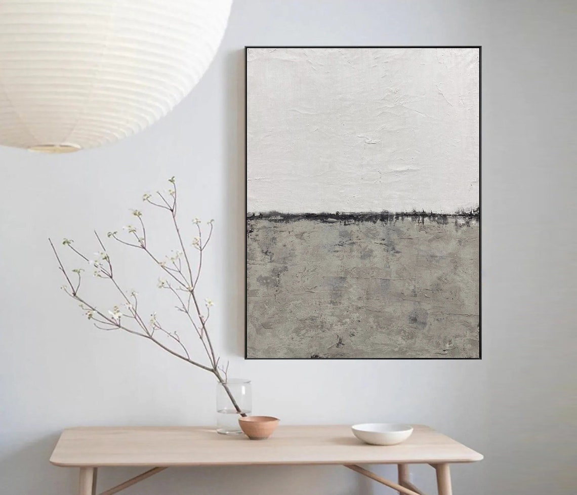 Gray White Minimalist Horizon Abstract Textured Serene Art Poster - Image 5