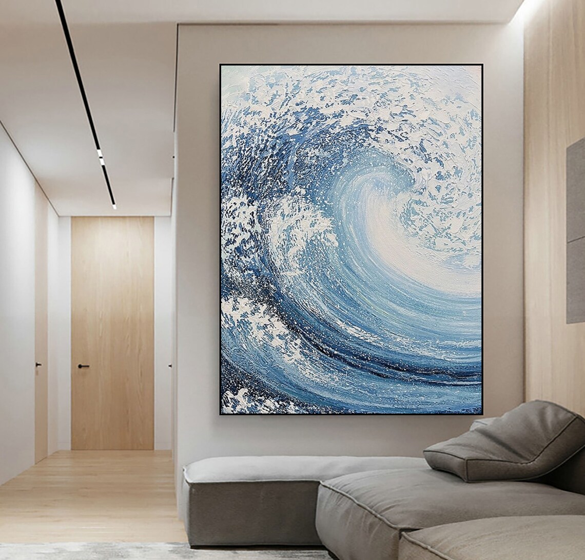 Curling Blue Ocean Wave Painted in Thick Textured Oil Poster - Image 4