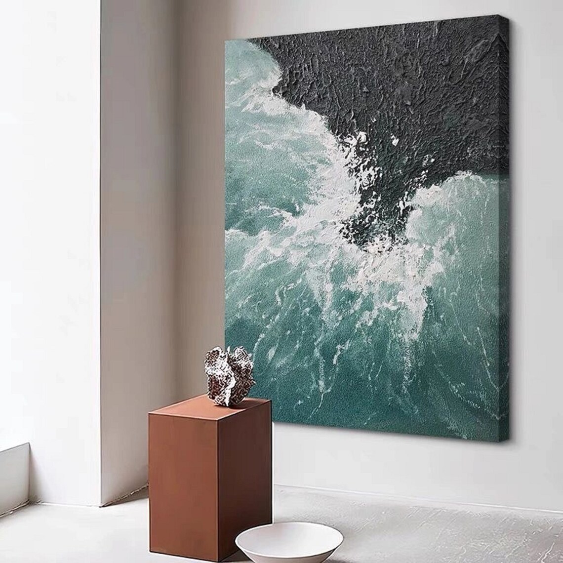 Teal Ocean Waves Crashing On Dark Rock Coastal Sea Art Poster - Image 4