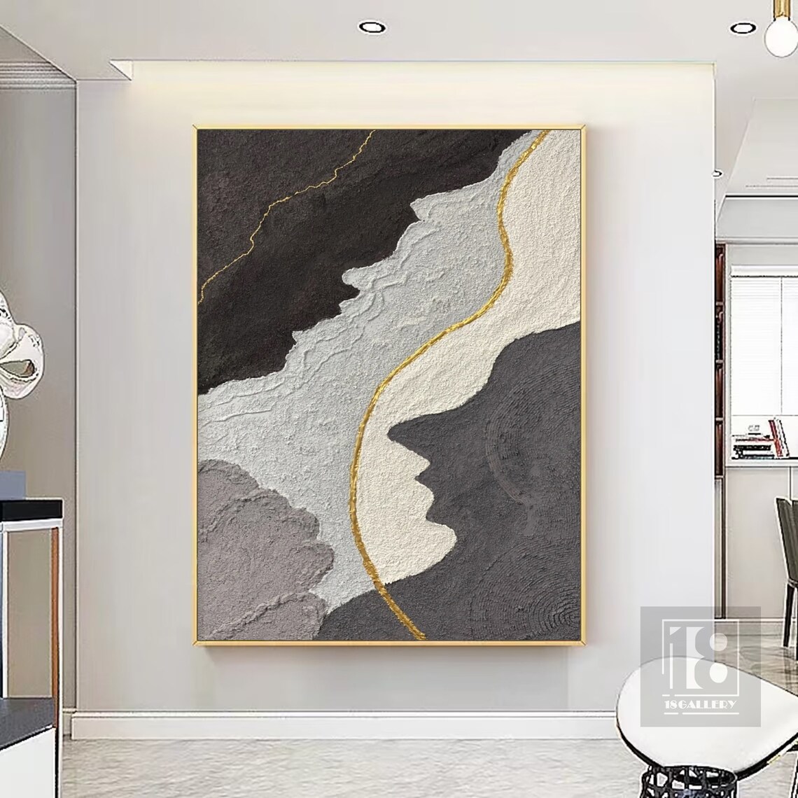 Black Gray White Textured Abstract Painting With Gold Vein Poster - Image 2