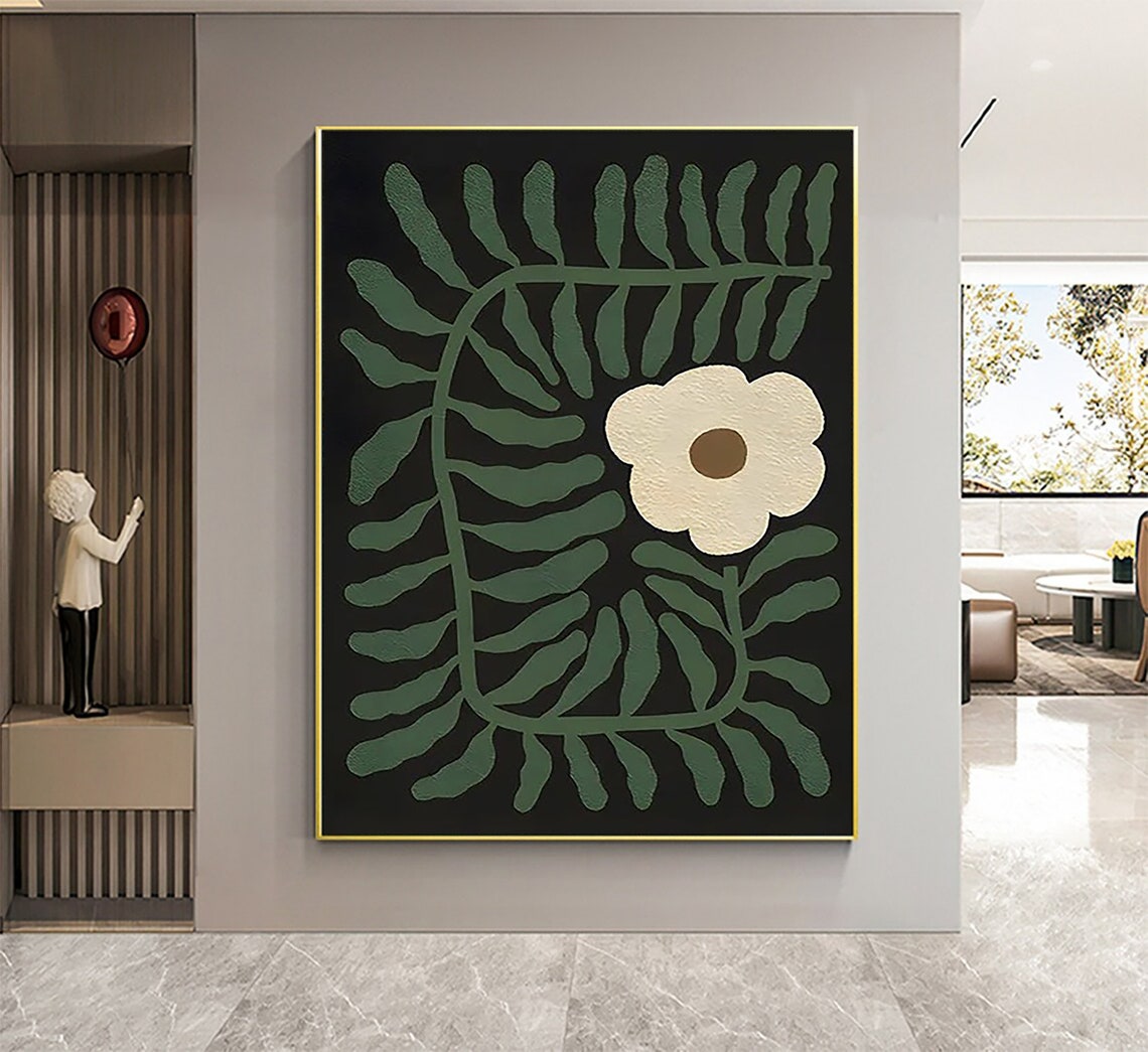 Cream Flower and Green Fern Arch on Black Botanical Art Poster - Image 3