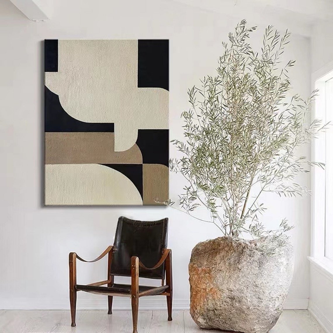 Black Geometric Blocks Tan Textured Modern Abstract Art Poster - Image 4