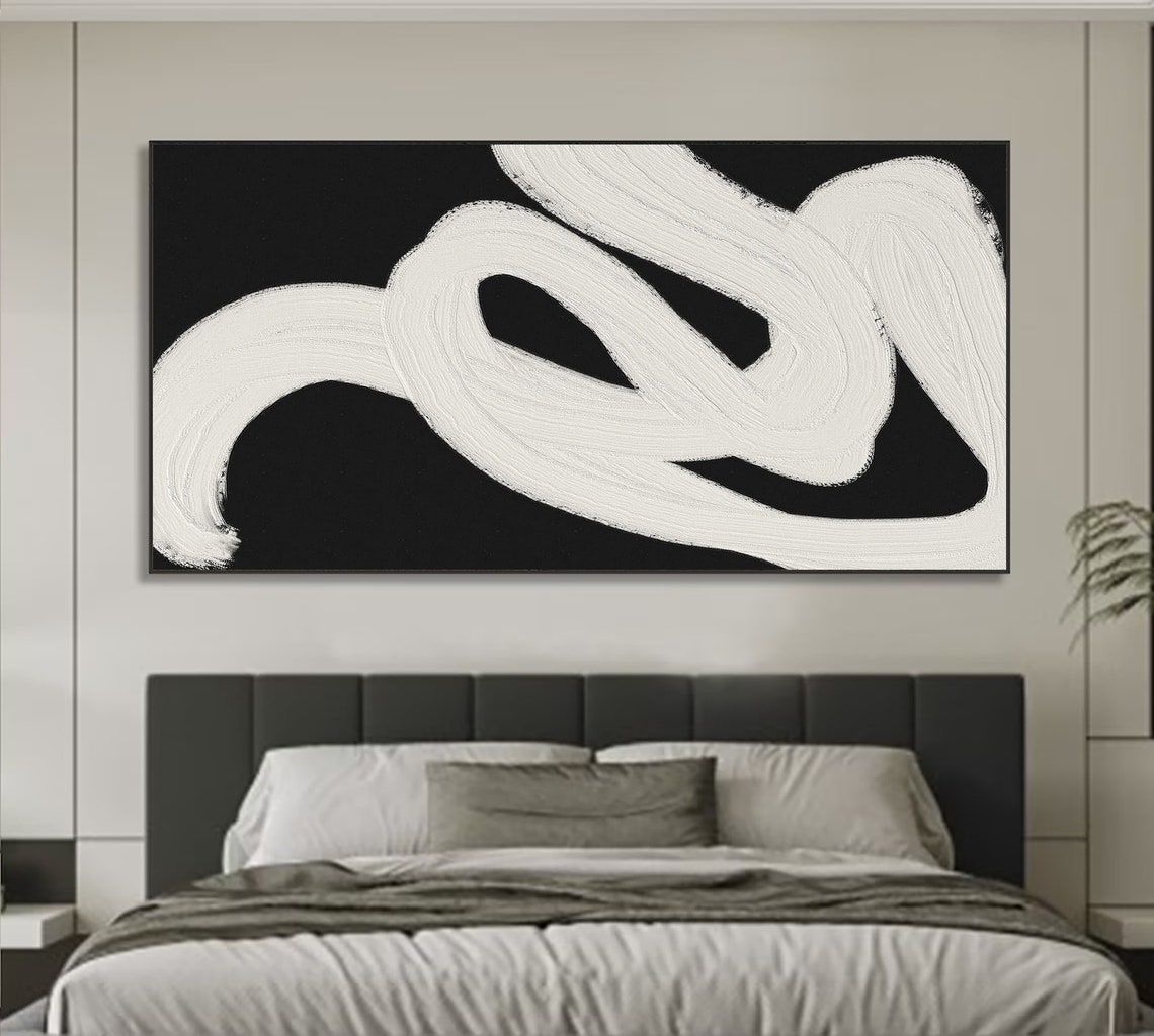 White Ribbon Swirl On Black Bold Abstract Modern Gallery Art Poster - Image 3