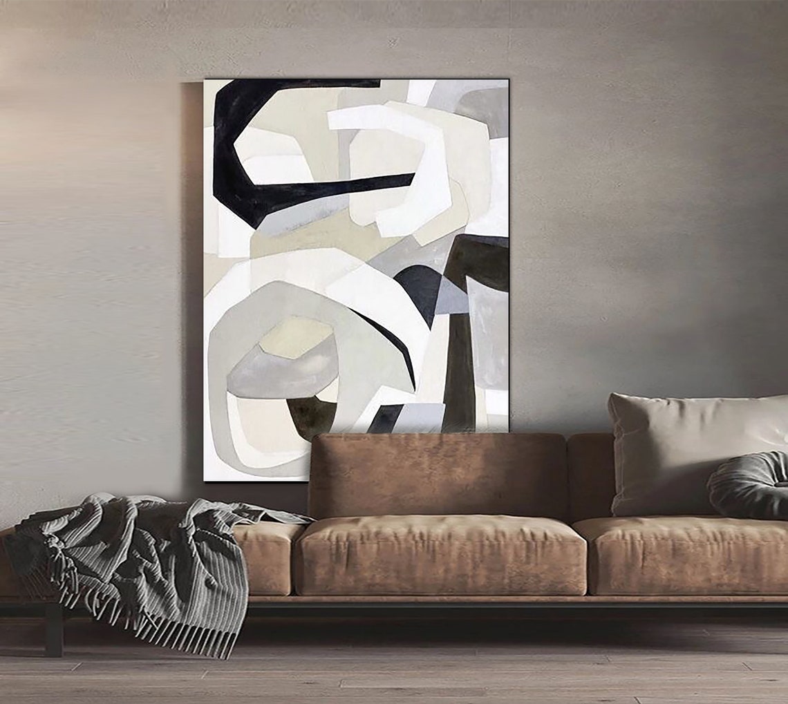 Geometric Black White Beige Blocks Modern Abstract Art Poster - Image 3