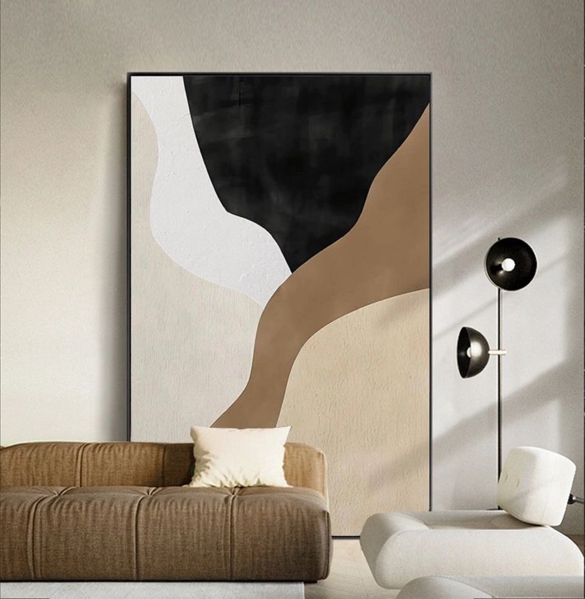 Beige And White Abstract Art Oil Painting On Black White Wall Art Black White Painting Brown Painting Beige White Wall Art - Image 5