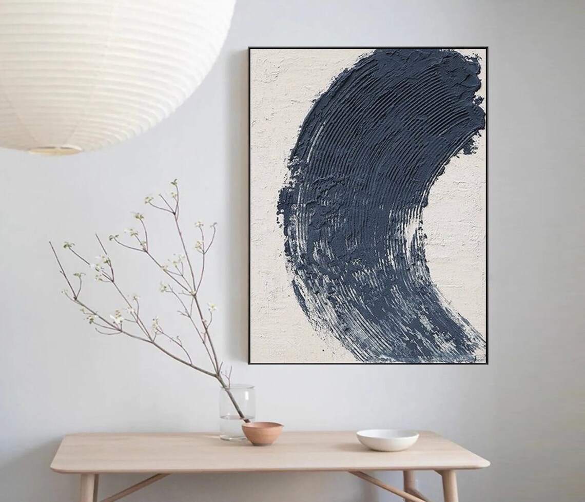 Blue White Textured Abstract Oil Painting On Blue Textured Wall Art Blue White Minimalist Painting Modern Wall Art Painting - Image 2