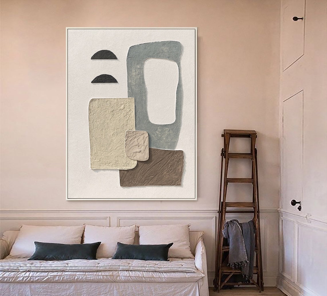 Beige Gray Brown 3D Relief Geometric Blocks Sculptural Textured Poster - Image 2
