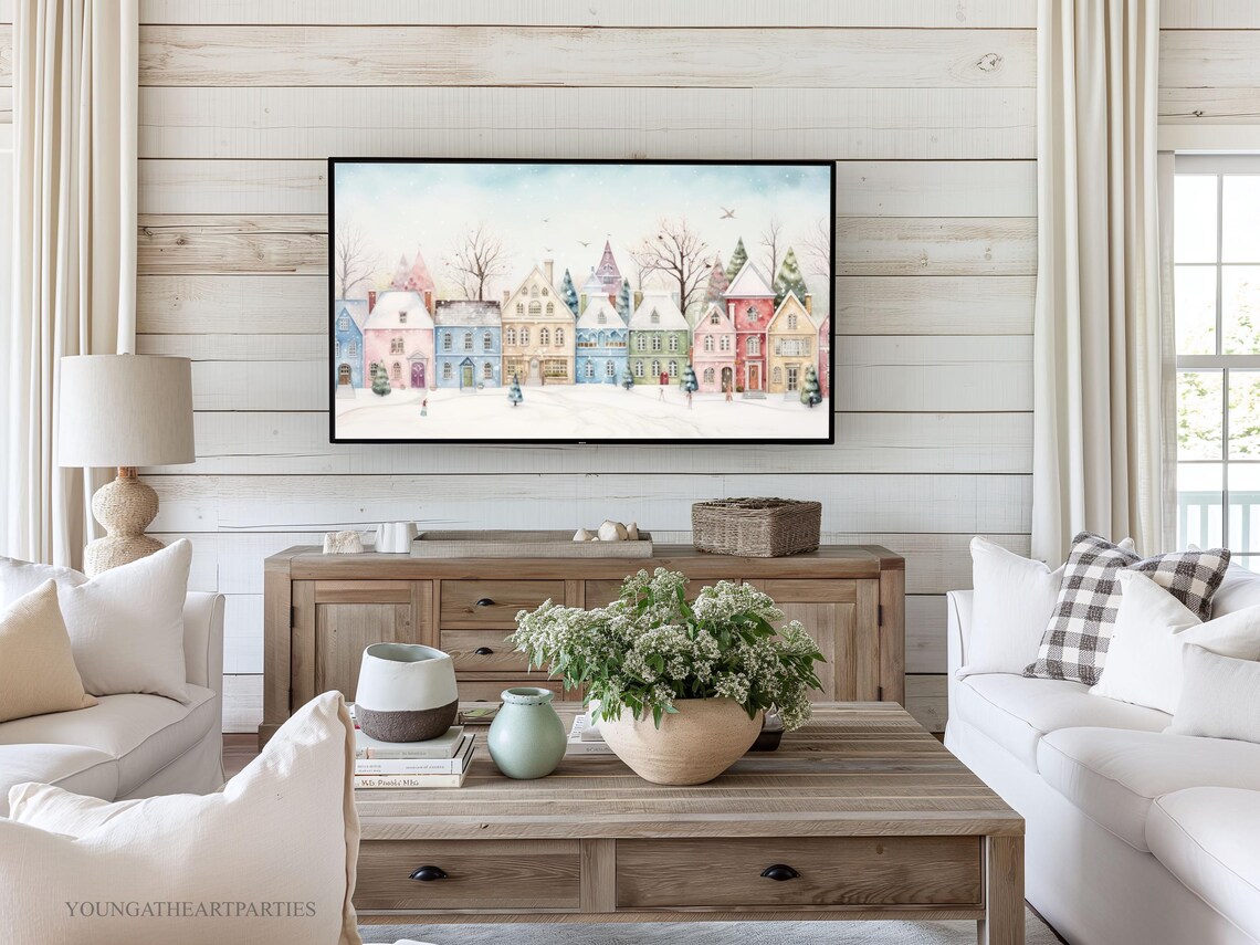 Cozy Pastel Christmas Village Homes Watercolor Snowy Holiday Print - Image 4