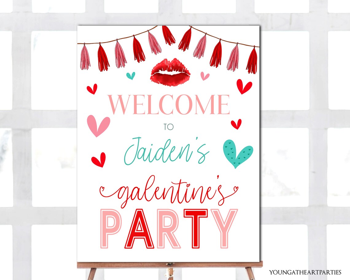 Welcome Galentine's Party Tassel Garland Hearts Sign Art Print