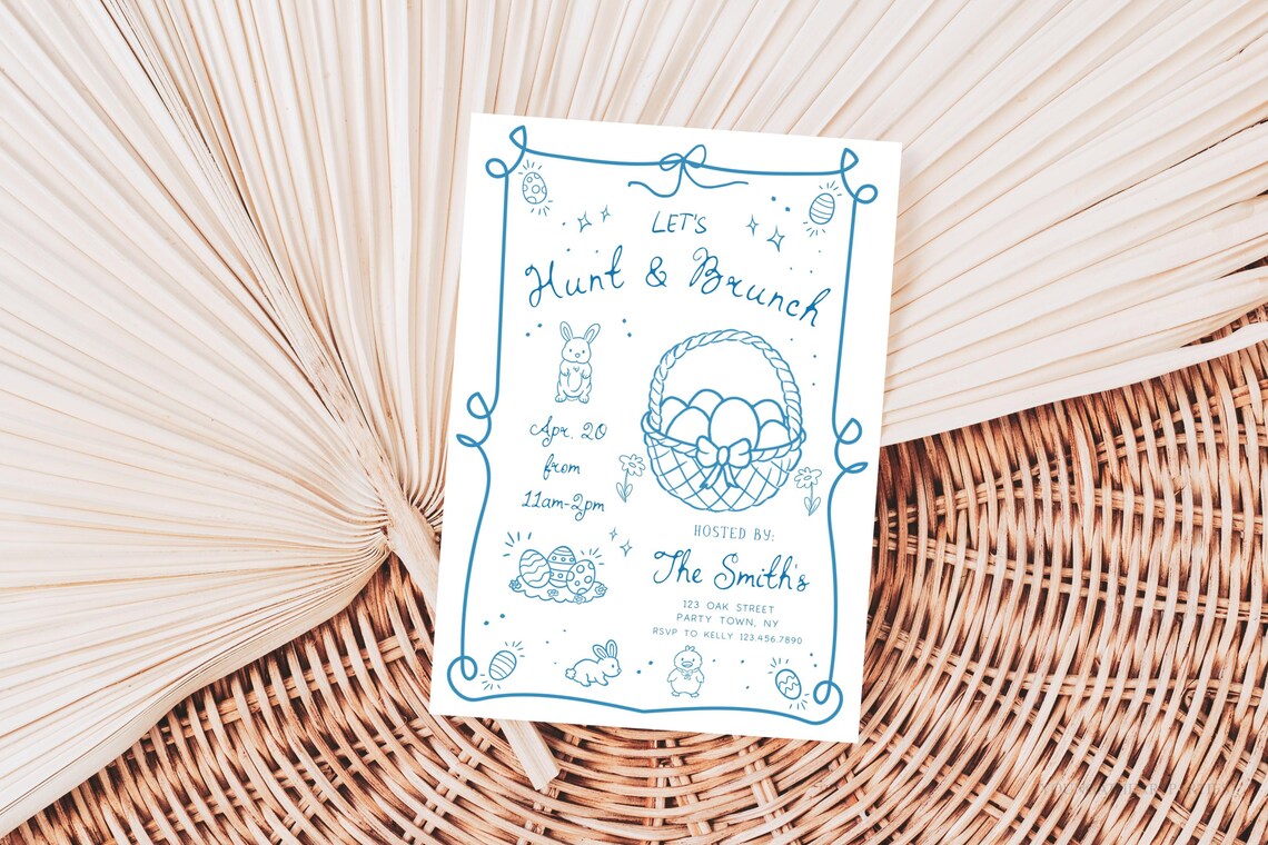Hand Drawn Easter Hunt and Brunch Invitation Bunny Egg Blue Party Print - Image 5