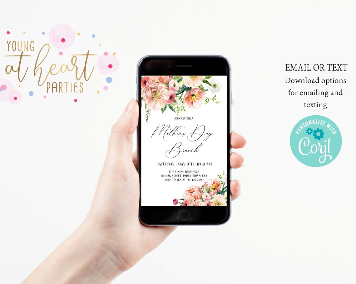 Peony Mothers Day Brunch Invitation Template Pink Floral Party Print - Image 2