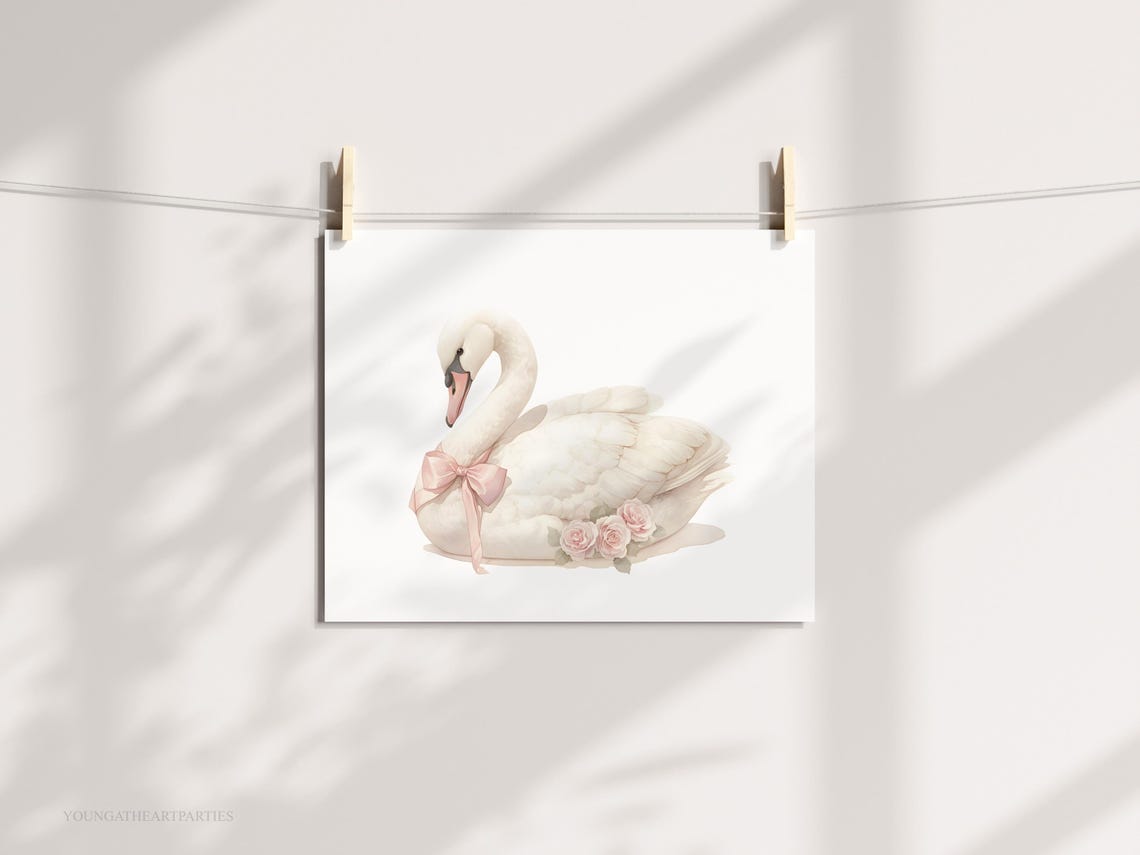 Coquette Swan Art Print Baby Girl Swan Nursery Art Watercolor Swan With Pink Bow Art Poster Girly Room Art Pink Swan Wall Art Print - Image 5