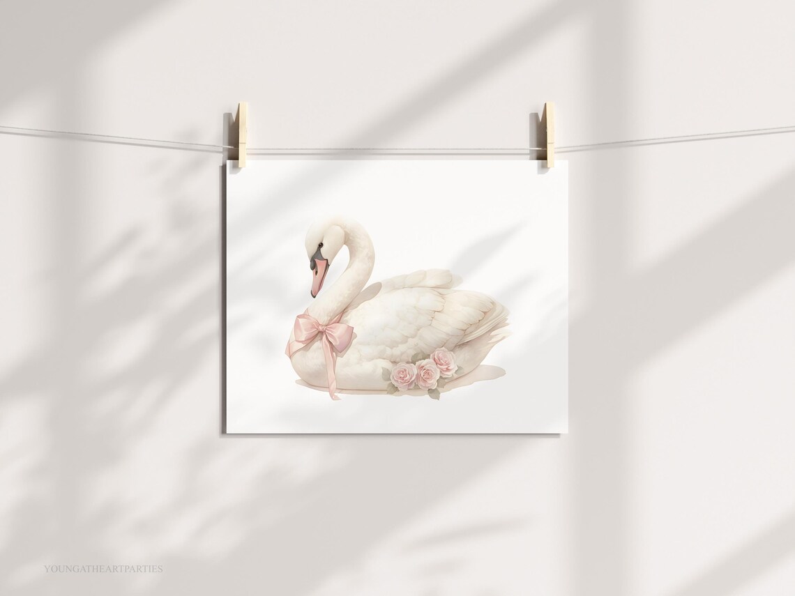 White Swan with Pink Bow and Roses Watercolor Nursery Wall Art - Image 5